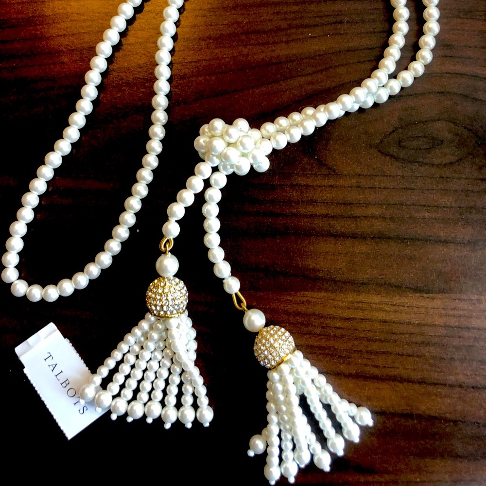 Talbots long double tassel pearl necklace with gold hardware
